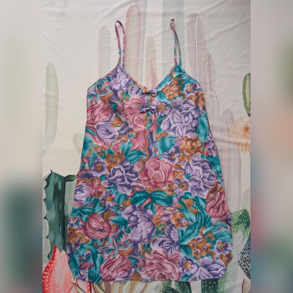 Vintage 80's California Miss Purple, Green, & Orange Floral Satin Slip Dress